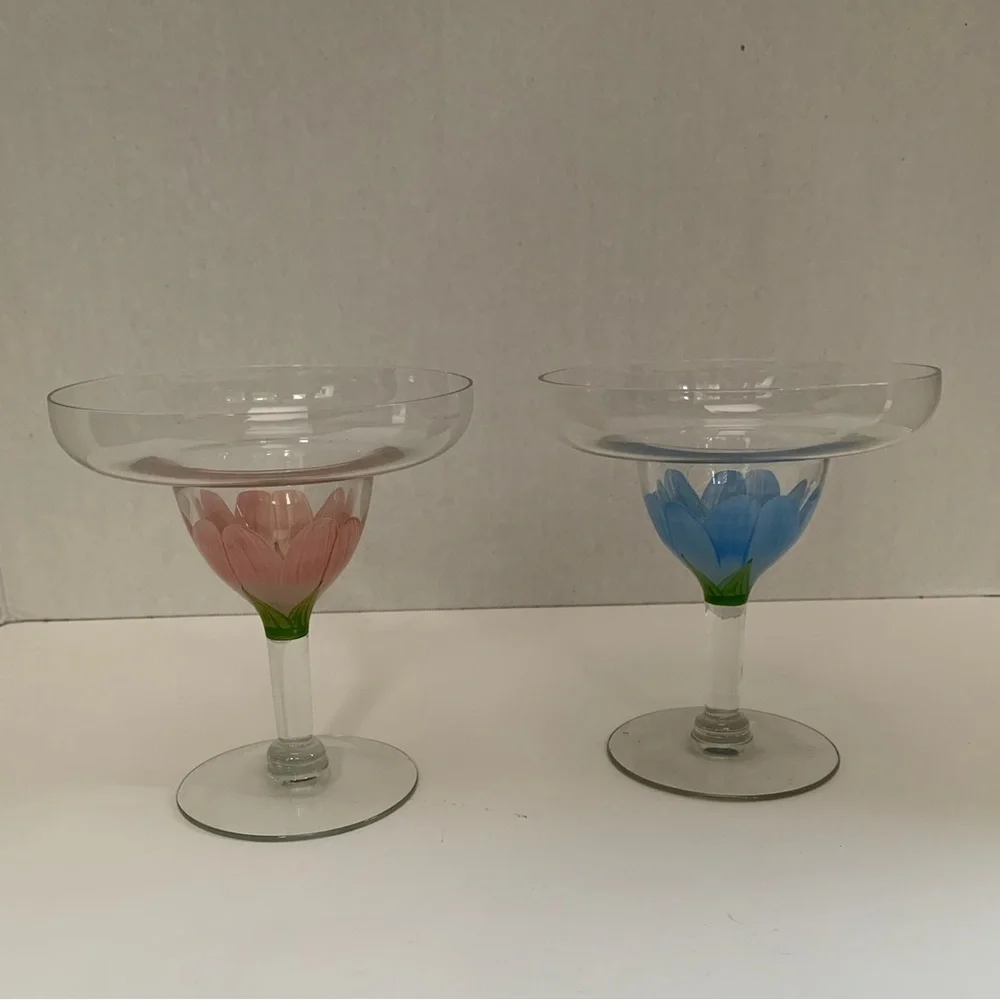 Margarita Glasses Hand-Painted Floral Design Vintage | Set of 2